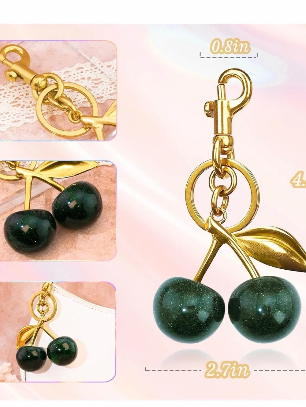 Designer inspired Gold-Tone green Cherry Keychain bag charm